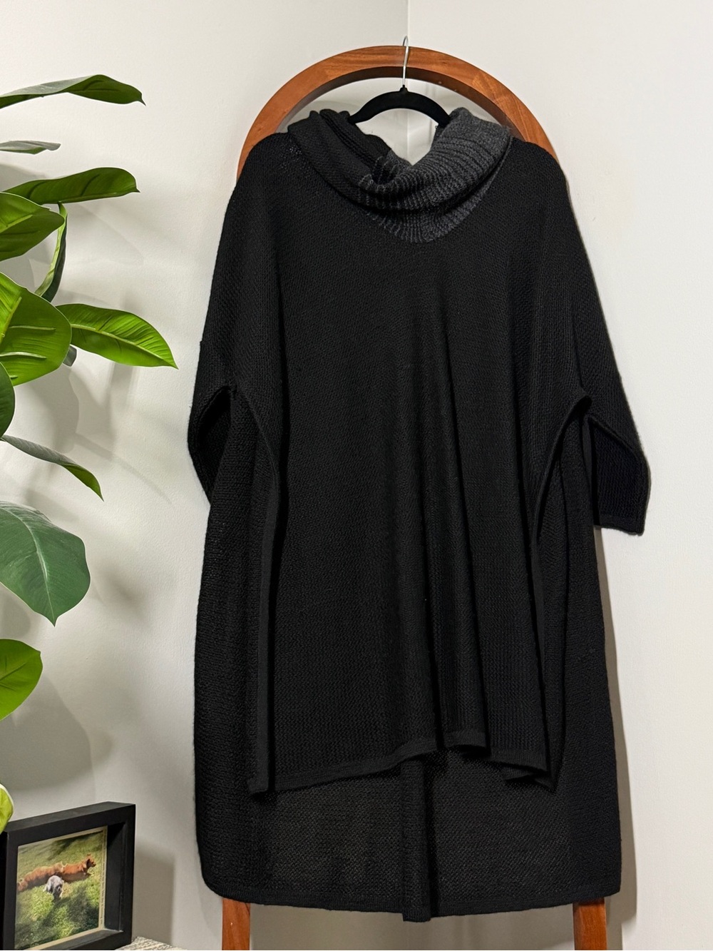 Kuna MEDIUM Black 100% Baby Alpaca Cowl Neck Open Side Sweater Knit Poncho